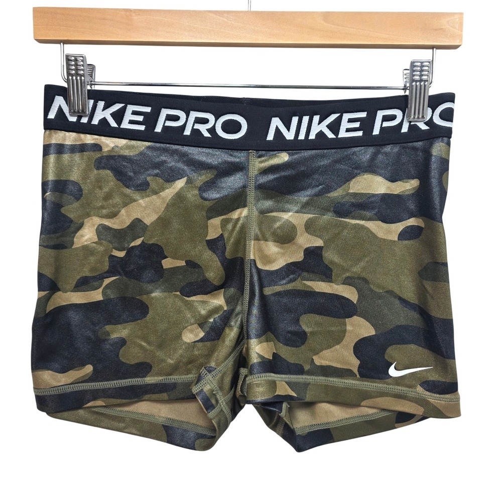 Nike Pro Compression Shorts Womens M Camo Dri Fit Green Metallic Sporty Shiny
